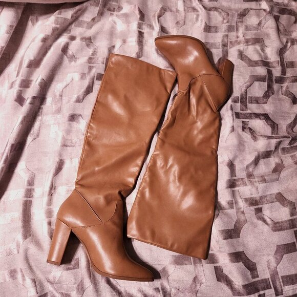 Express Shoes - Express Knee High Boots Almond Toe Camel Brown Size 9M
